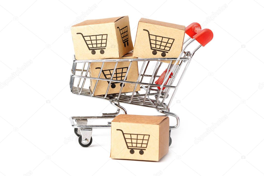 Boxs with shopping cart logo on white background : Banking Account, Investment Analytic research data economy, trading, Business import export online company concept.