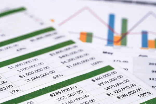Kalkylblad Tabell Papper Med Diagram Finansieringsutveckling Bankkonto Statistik Investeringsanalys Forskningsdata — Stockfoto