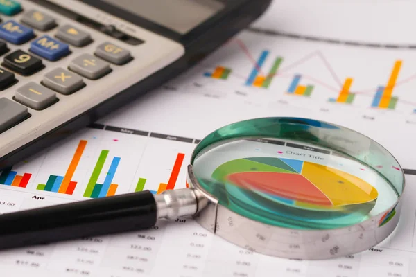 Magnifying Glass Charts Graphs Spreadsheet Paper Financial Development Banking Account — Stock Photo, Image