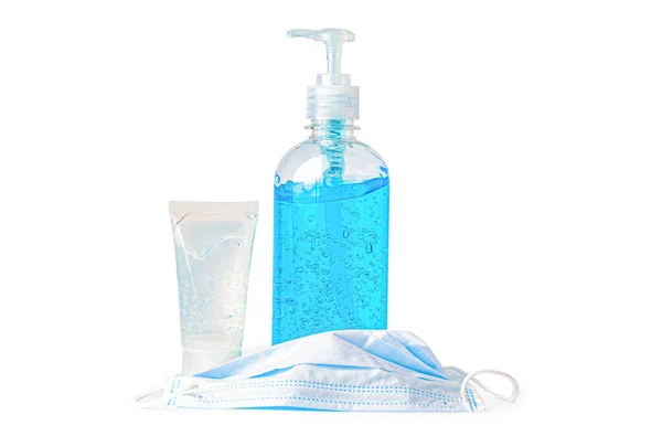 Una Botella Gel Desinfectante Alcohol Azul Mascarilla Sobre Fondo Blanco — Foto de Stock