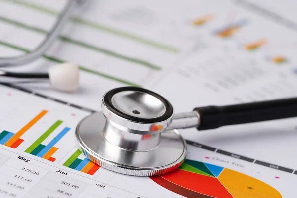 Stethoscope Charts Graphs Spreadsheet Paper Finance Account Statistics Investment Analytic — Stock Photo, Image
