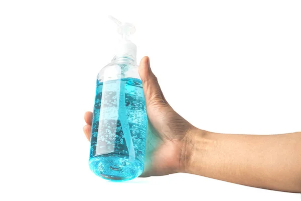 Asian Holding Blue Alcohol Sanitizer Gel Protect Safety Infection Kill — Stock Photo, Image