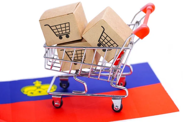 Box with shopping cart logo and Liechtenstein flag : Import Export Shopping online or eCommerce finance delivery service store product shipping, trade, supplier concept