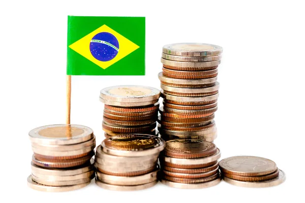 Pilha Moedas Com Bandeira Brasil Fundo Branco — Fotografia de Stock
