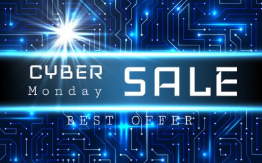 Cyber Pazartesi Satılık vektör banner şablon. İkili kod arka plan oklar ve örnek metin ile parlayan mavi