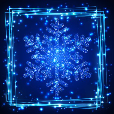 Snoweflaces çerçeve tebrik kartı ile parlayan mavi