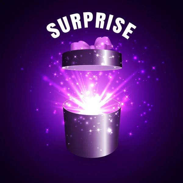Offene Geschenkbox mit Überraschung und magischem Feuerwerk — Stockvektor