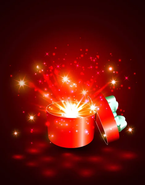 Open geschenkdoos met verbazing en magie lichte vuurwerk — Stockvector
