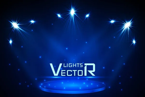 Iluminación del punto de escenario. luz mágica. fondo vector azul — Vector de stock