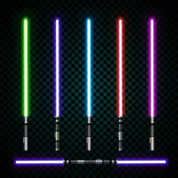 Realistic light swords. crossed light sabers, flash and sparkles. Vector illustration isolated on transparent background — Stock Vector