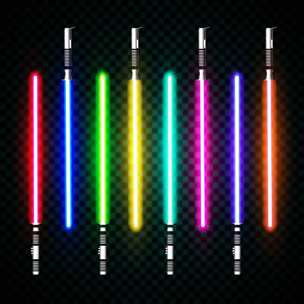 Neon light swords. crossed light sabers, flash and sparkles. Vector illustration isolated on transparent background — Stock Vector