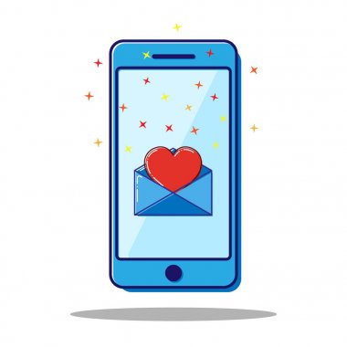 Düz çizgi simgesini telefon, mektup kalp, Sevgililer sms. Vektör