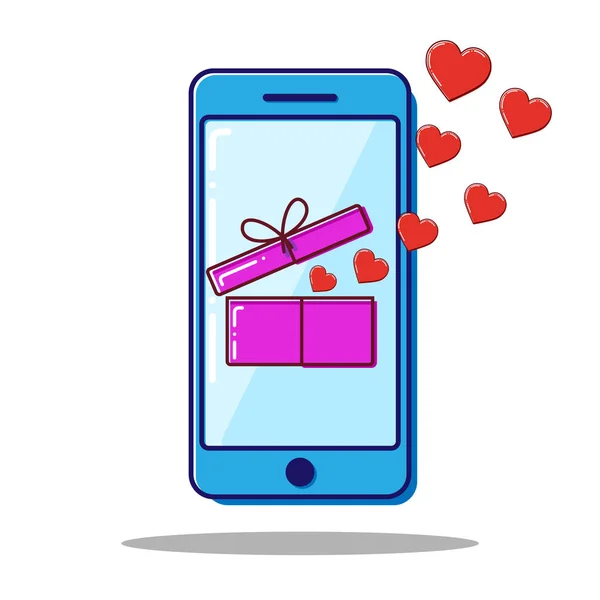 Teléfono icono de línea plana con caja abierta y corazones, regalo de San Valentín. Vector — Archivo Imágenes Vectoriales