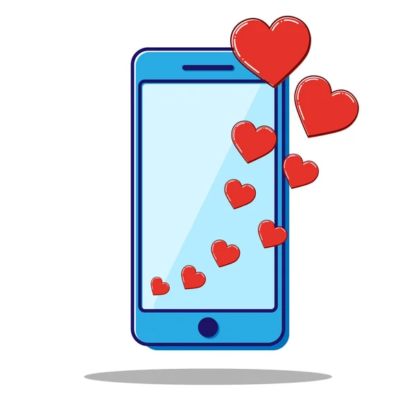 Teléfono icono de línea plana con corazones, regalo de San Valentín. Vector — Archivo Imágenes Vectoriales