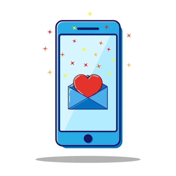 Icono de línea plana teléfono, carta con corazón, sms de San Valentín. Vector — Archivo Imágenes Vectoriales