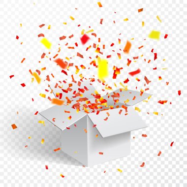 Açık beyaz hediye kutusu ve Confetti.Transparent arka plan. Vektör çizim