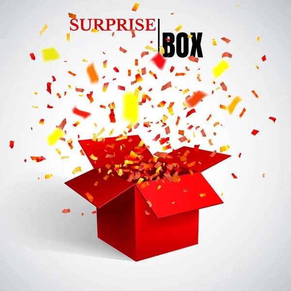 Abre la caja de regalo roja y el confeti. Sorpresa. Ilustración vectorial — Vector de stock