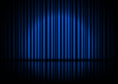 Mavi perde ve yansıma ile Tiyatro sahne. Hisse senedi vektör çizim