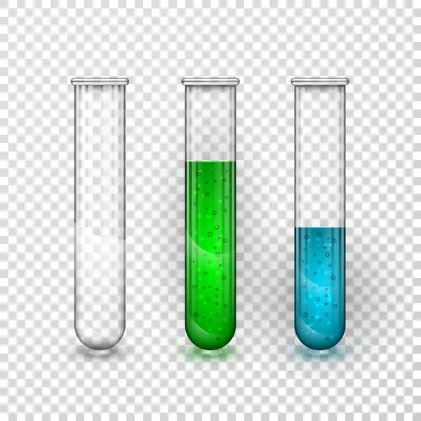 Tubos de ensaio, frasco transparente de laboratório químico com líquido. Ilustração vetorial —  Vetores de Stock