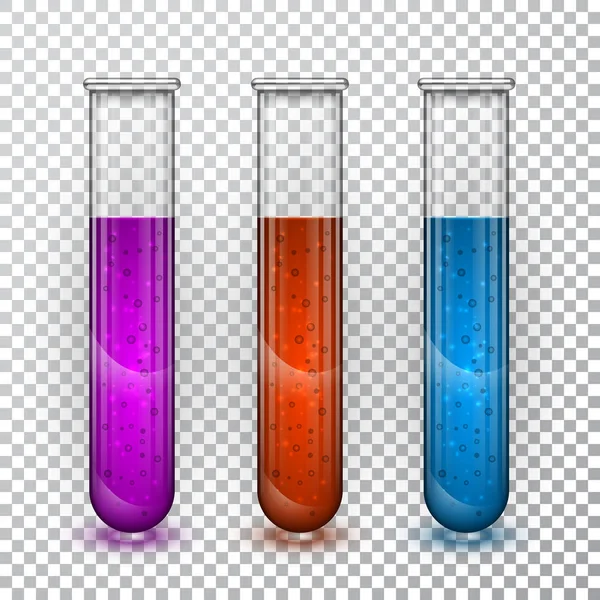 Reageerbuisjes, chemisch laboratorium transparante kolf met vloeistof. Vectorillustratie — Stockvector