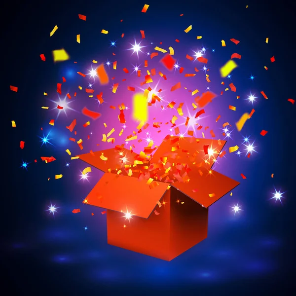 Open oranje doos van de Gift en Confetti. Vectorillustratie — Stockvector