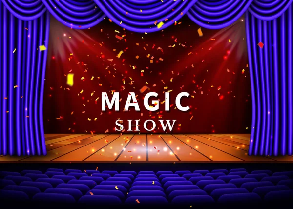 一个剧院舞台, 有一个蓝色的窗帘, 一个聚光灯和木地板。魔术表演海报矢量 — 图库矢量图片