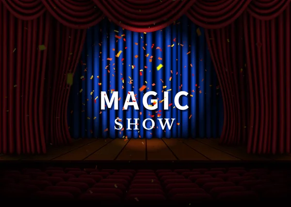 一个剧场舞台, 有一个红色的窗帘, 一个聚光灯和木地板。魔术表演海报矢量 — 图库矢量图片