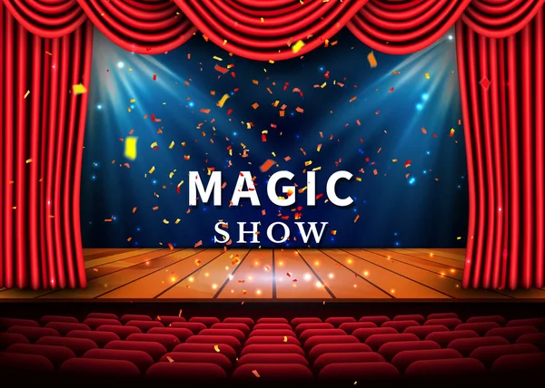 Un escenario de teatro con una cortina roja y un reflector y suelo de madera. Cartel de Magic Show. Vector — Vector de stock