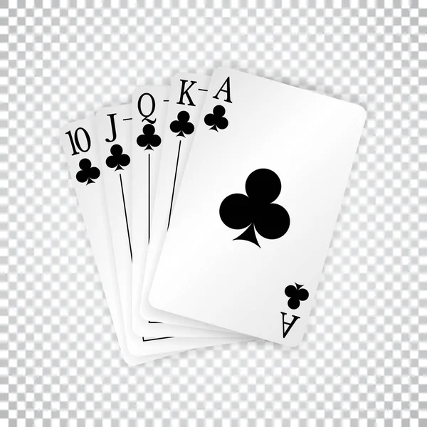 A royal straight flush playing cards poker hand in clubs — Stock Vector