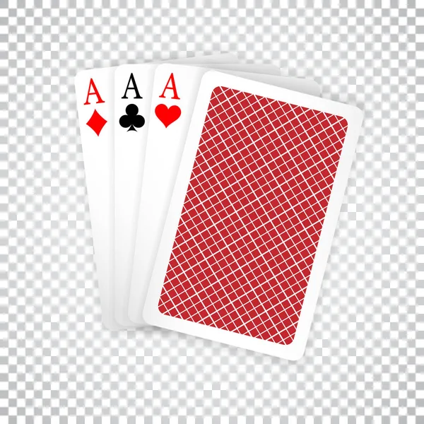 Satz mit drei Assen und einer geschlossenen Spielkarte passt. Gewinnende Pokerhand — Stockvektor