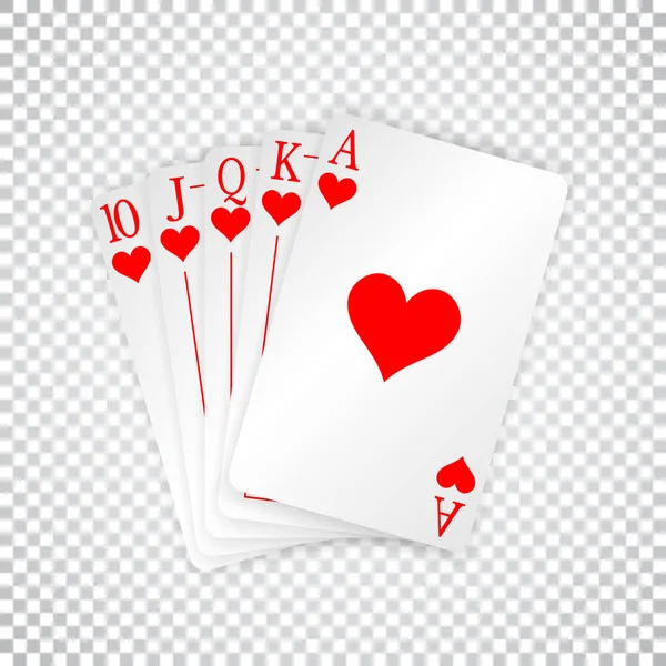 A royal straight flush playing cards poker hand in hearts — Stock Vector