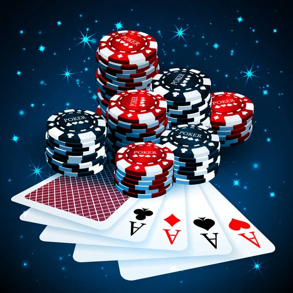 Vector illustration on a casino theme with playing chips and playig cards on dark background. Gambling design elements. Four Aces and  poker chips stack — Stock Vector