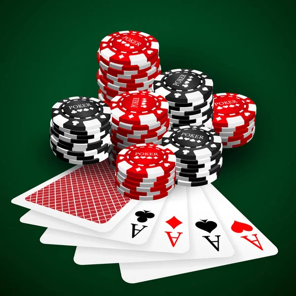 Illustrazione vettoriale su un tema da casinò con chip e carte da gioco su sfondo scuro. Elementi di design di gioco. Quattro assi e poker chips stack — Vettoriale Stock