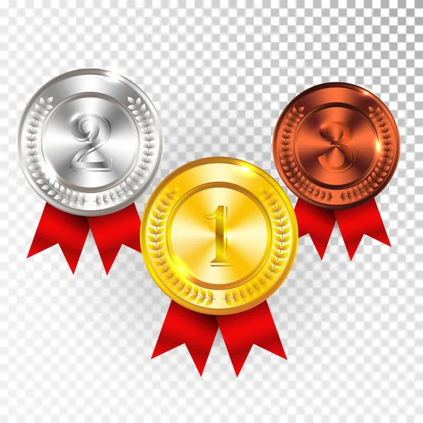 Gouden, zilveren en bronzen medaille met rood lint pictogram teken eerst kampioen, tweede en derde plaats collectie Set afgezonderd op transparante achtergrond. Vectorillustratie — Stockvector