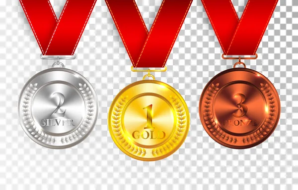 Verzameling van goud, zilver en bronzen award medailles met rode linten. Medaille ronde lege gepolijst vector collectie geïsoleerd op transparante achtergrond. Premium badges. Winnaar awards. Gouden Zilveren bronzen award m — Stockvector