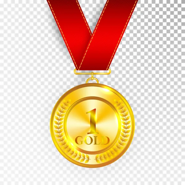 Wereldkampioen kunst gouden medaille met rood lint 1 pictogram teken eerste plaats geïsoleerd op transparante achtergrond. Vectorillustratie — Stockvector