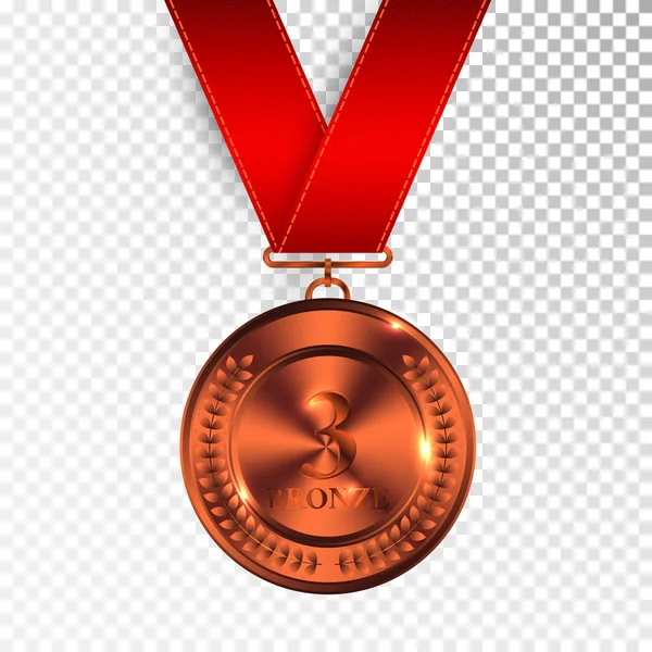 Wereldkampioen kunst bronzen medaille met rood lint 3 pictogram teken om de derde plaats geïsoleerd op transparante achtergrond. Vectorillustratie — Stockvector