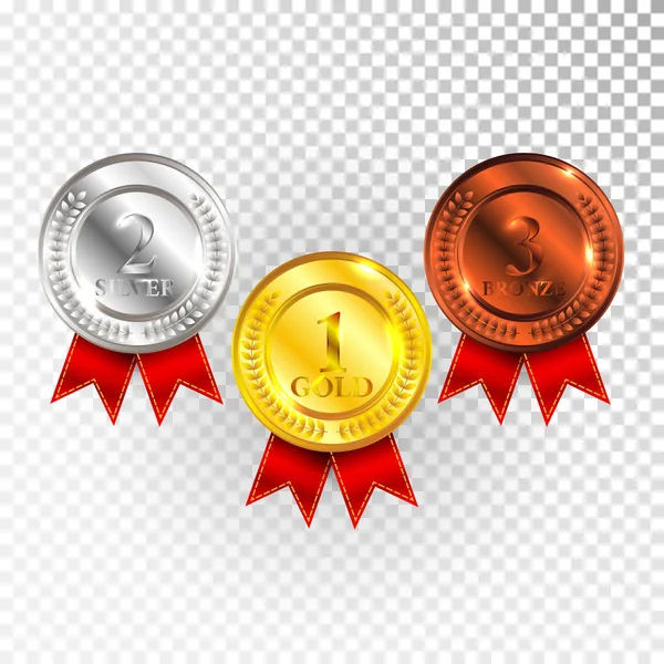 Gouden, zilveren en bronzen medaille met rood lint pictogram teken eerst kampioen, tweede en derde plaats collectie Set afgezonderd op transparante achtergrond. Vectorillustratie — Stockvector