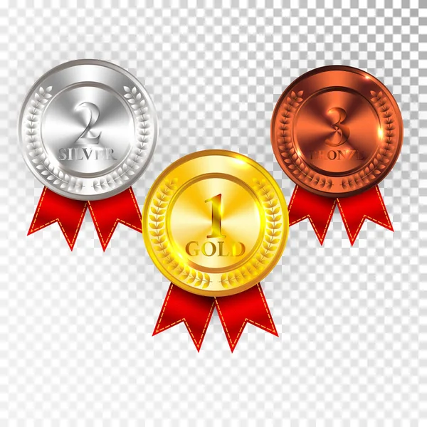 Altın, gümüş ve bronz madalya ile kırmızı kurdele simgesini işaret ilk şampiyonu, ikinci ve üçüncü sıra koleksiyonu kümesi üzerinde şeffaf arka plan izole. Vektör çizim — Stok Vektör