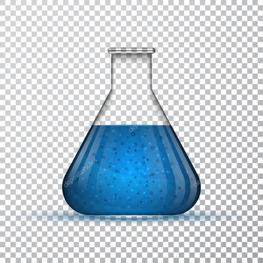 laboratory glassware or beaker. Chemical laboratory transparent flask with blue liquid. Vector illustration