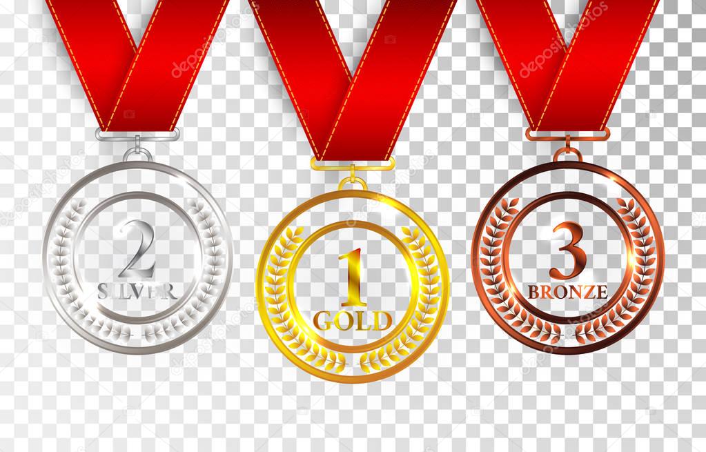 Set of gold, silver and bronze award medals with red ribbons. Medal round empty polished vector collection isolated on transparent background. Premium badges. Winner awards. Gold silver bronze award m