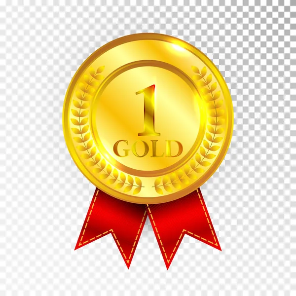 Champion Gold Medal with Red Ribbon Icon Sign First Place Collection Set Isolated on Transparent Background. Vector Illustration — Stock Vector