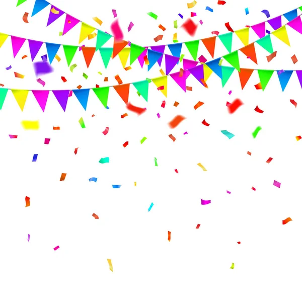 Fond de fête avec vecteur de drapeaux, confettis colorés et festons sur le fond blanc — Image vectorielle