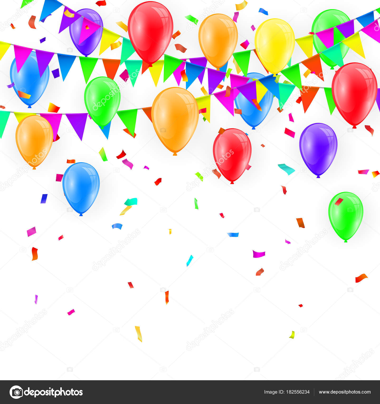 Partibakgrunn med ballonger og Flagg vektor, farget konfetti og strømpebånd  på hvit bakgrunn stockvektor © olehsvetiukha@gmail.com #182556234, image size:1600x1700