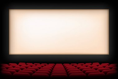 Sinema ekran ve kırmızı koltuk ile konser salonu. Vektör