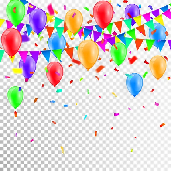 Fond de fête avec ballons et drapeaux vecteur, Confettis colorés et des festons sur fond transparent — Image vectorielle