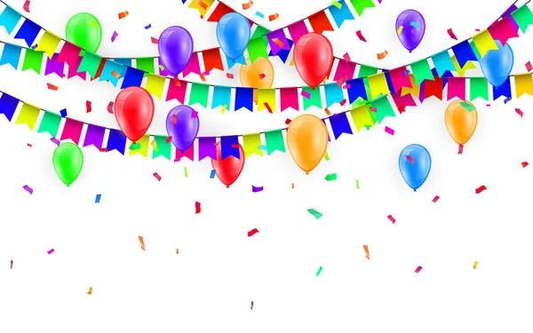 Fond de fête avec des ballons et des drapeaux vecteur, Confettis colorés et des festons sur le fond blanc — Image vectorielle