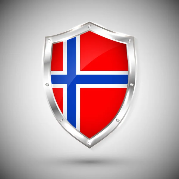 Bandera de Noruega en la ilustración vector escudo brillante de metal. Colección de banderas en escudo sobre fondo blanco. Objeto aislado abstracto — Archivo Imágenes Vectoriales