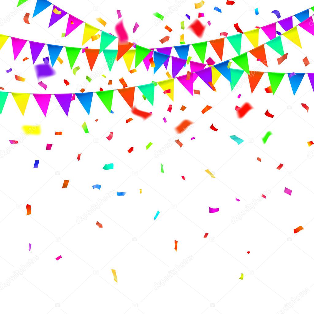 Party Background with Flags Vector, Colored confetti and festoons on the white background