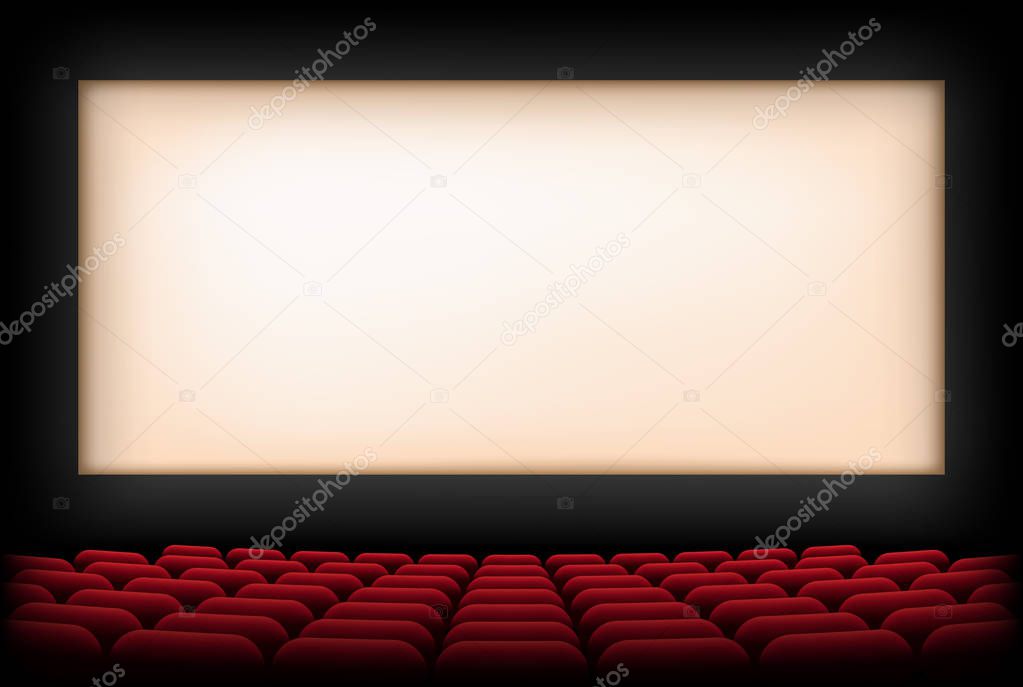 Cinema auditorium with screen and red seats. Vector